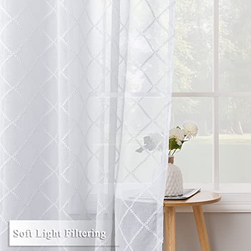 White Sheer Curtains 84 Inches Long 2 Panels Grommet Semi Voile Sheer White Curtains For Living Room Bedroom, Trellis Pattern Embroidered Light Filtering Drape Modern Window Curtain Treatment,52X84 #TOP3