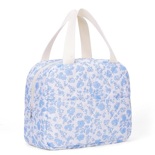 BBIQI Cute Lunch Box for Women Small Floral Lunch Box Quilted Lunch Tote Bag With Front Pocket Insulated Lunch Bag for Work Study