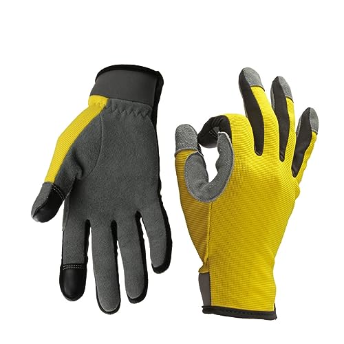 BRIGHTFUFU Flexible Mechanics Gloves Genuine Leather Palm Touch Screen Fingertips Breathable Gardening Gloves DIY Work l Yellow Size
