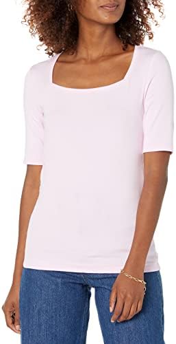 Amazon Essentials Women's Slim-Fit Half Sleeve Square Neck T-Shirt, Light Pink, Small
