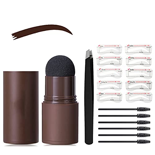 Eyebrow Stamp Stencil Kit, One Step Eyebrow Stamp and Shaping Kit, Perfect Eyebrow Long Lasting Waterproof Eyebrow with Reusable Stencils, Dark Brown
