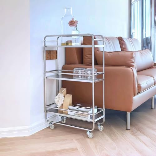 susunnus 隙間ラック スリムラック 隙間収納20cm以上スペース適用 ステンレス防錆 透明PUキャスター付き キッチンワゴン 細い棚 収納ワゴン キッチンラック トイレ収納 組立簡単 多機能 (幅51*奥行き19*高さ82cm)