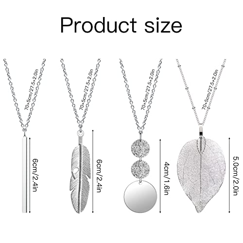 Long Necklaces for Women,4 PCS Fashion Pendant Necklace Jewelry Long Silver Necklaces Set Bar Feather Necklace Circle Leaf Lock Tassel Y Necklace Jewelry Set Statement Necklace for Women Trendy4
