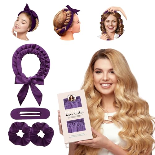 Heatless Curls Overnight Headbands for Women, Heatless Curlers Set with Scrunchies and Clip, Hair Rollers for Women to Sleep in, Soft Velvet Heatless Hair Curler for Long Hair, No Heat Damage (Purple)