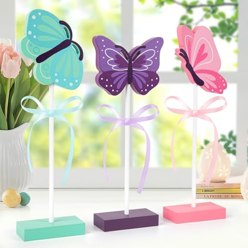 3 Pcs Spring Tiered Tray Decorations Set Butterfly Wood Table
