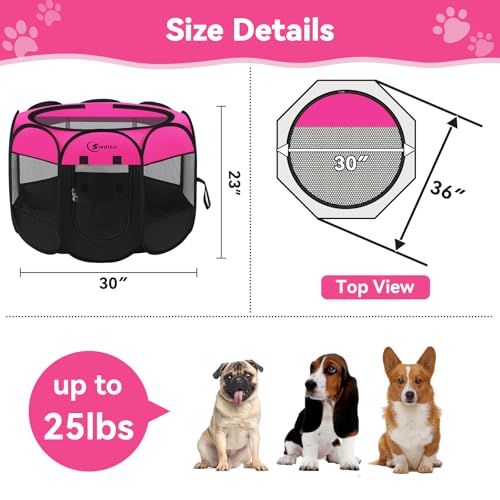 Image of Siedihit Dog Playpen, Medium Puppy Pet Playpen, Dog Crate Tent Cage Indoor /Outdoor, Portable Pop Up Dogs Kennel Playpen with Carrying Case for Dogs /Cats /Rabbits, Hot Pink