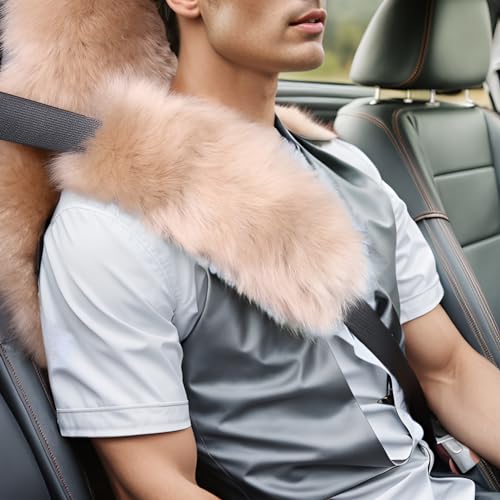 Image of 2 Pack Sheepskin Car Seat Belt Cover Pads | Long Wool Seatbelt Cushions