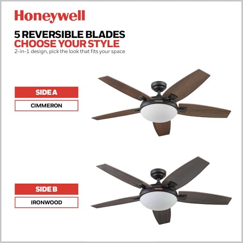 Image of Honeywell Ceiling Fans Carmel, 48 Inch Contemporary Indoor LED Ceiling Fan with Light, Remote Control, Dual Mounting Options, Dual Finish Blades, Reversible Motor - 50197-01 (Bronze)