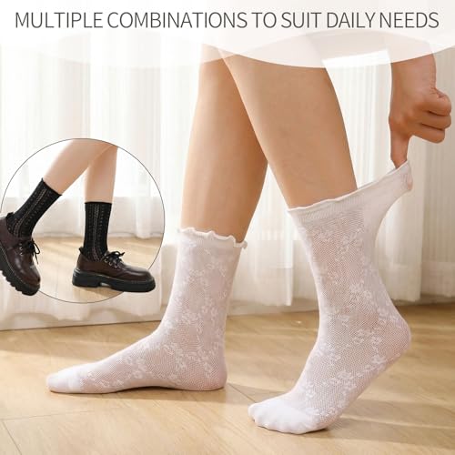 Image of Jspupifip 6 Pairs Lace Ruffle Frilly Crew Socks for Women Girls | Cotton Breathable Cute Princess Ankle Dress Lace Socks Thin Cool Casual Socks