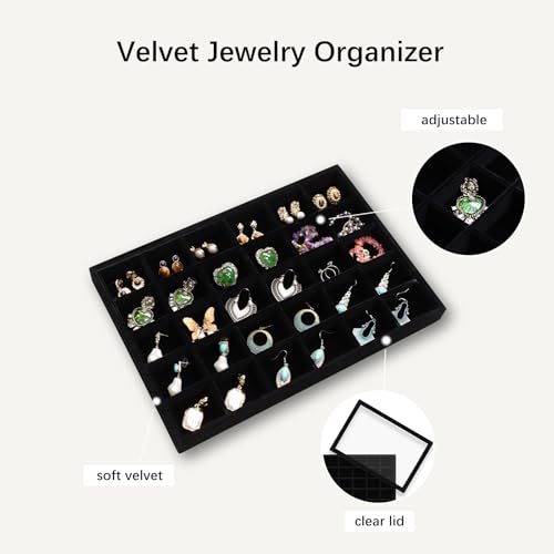 Image of Wudygirl Jewelry Organizer Set of 2 Stackable Jewelry Tray Velvet Earring Holder Organizer 30 Grid Earring Storage with Lid Ring Holder Drawer Inserts Divider Storage for Women (Black)