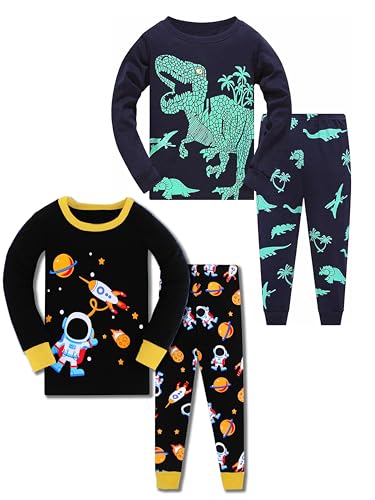 AmberEft Kids Pajamas for Boys Dinosaur Astronaut Long Sleeve Cotton Pjs 4-Piece Sets Sleepwears Size 3 (2-3 Years)
