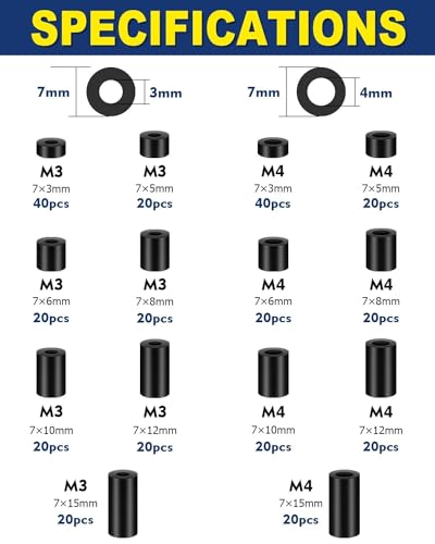 320 Stück Abstandshalter Schwarz, Leryati M3 M4 ABS Distanzhülsen Kunststoff, Distanzscheiben ohne Gewinde Säulen Abstandshülsen Lsolierung Beilagscheiben, Nylon Unterlegscheiben Gewindehülsen