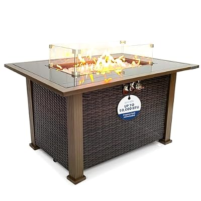 SereneLife Outdoor Propane Gas Fire Pit Table – 50,000 BTU Auto-Ignition Firepit with Glass Wind Guard, Black Tempered Glass Top & Clear Glass Rocks for Garden, Patio, or Backyard