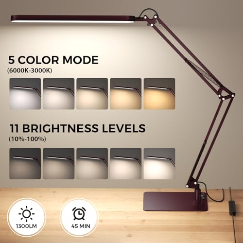 Image of SKYLEO LED Desk Lamp with Slim Base - Adjustable Swing Arm Desk Light, Dimmable, Timer, Eye Protection, Memory Function, 1300LM, 12W, Red