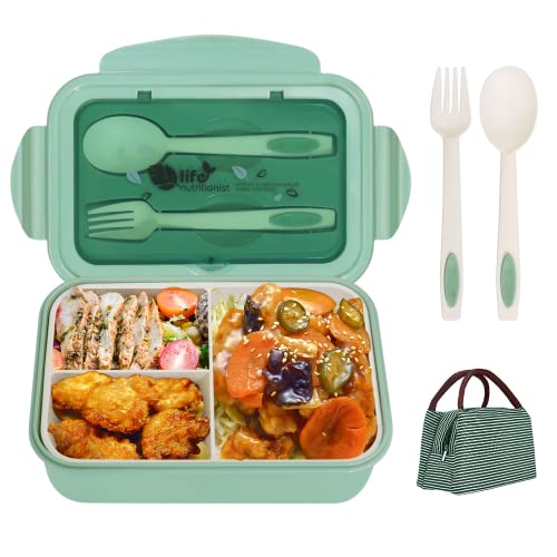 SENDR.KR Fiambrera para adultos, 1400 ml, caja Bento con 3 compartimentos, para niños, fiambrera infantil, sin BPA, apta para microondas y lavavajillas con cubiertos y bolsa para pan Cover
