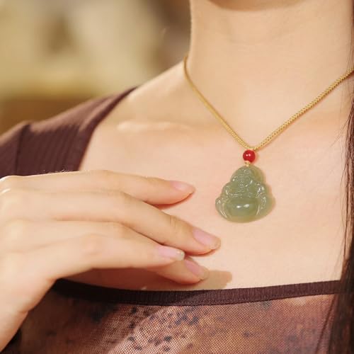 Nephrite Green Jade Chinese Buddha Pendant Red Agate Bead Pendant Necklace with Jewelry Box for Women Men Couple Lover Anniversary Birthday (65-75cm Brown Rope) Y04138433
