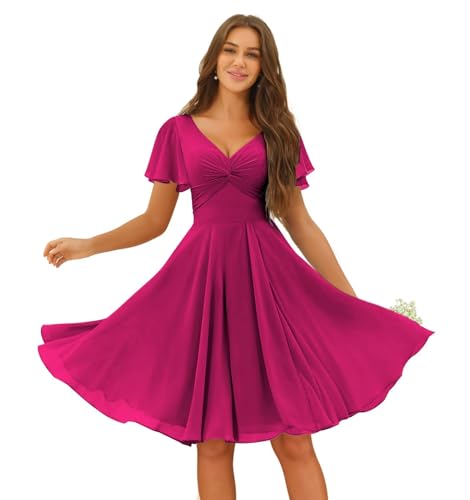 Miao Duo Women's Pleated Chiffon Flutter Sleeves Bridesmaid Dresses with Pockets V Neck Short Formal Dress YZTS241