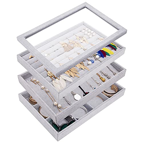 Banliku Stackable Jewelry Organizer Tray with Lid, Jewelry Storage Organizer for Drawer, Velvet Jewelry Tray Ring Storage Organizer, Stackable Jewelry Box, Drawer Jewelry Organizer for Necklace - Grey