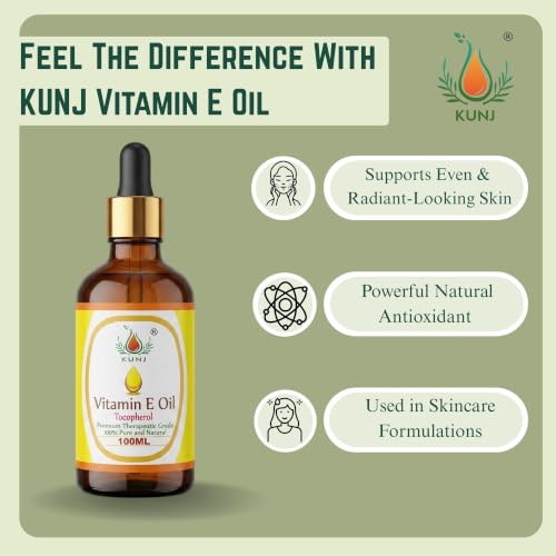 Image of KUNJ Vitamin E Oil 100ml - 100% Pure & Natural | Vitamin E Oil for Face, Skin Glow, Hair & Nail Care | Lightweight Non-Sticky Oil for Moisturizing & DIY Beauty Blends