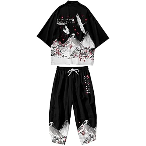 WYUKN Traditional Kimono Set,Japanese Style Kimono Streetwear Two-Piece Suit,Japan Harajuku Cardigan Open Front Coat Nightdress Bathrobe Sleepwear for Men,Black1-M Cover
