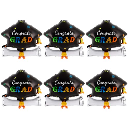 Image of 6 Pcs Graduation Cap Diploma Balloons, Large Academic Cap Shaped Black Mylar Graduation Foil Balloons, Grad Hat balloons for 2026 Graduation Party Decorations
