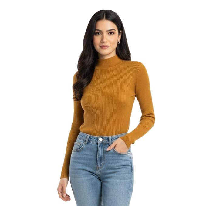 kaish Yellow High Neck Women's Cotton Blend Ribbed Full Sleeve Light Winter Stretchable Sweater M-image-34