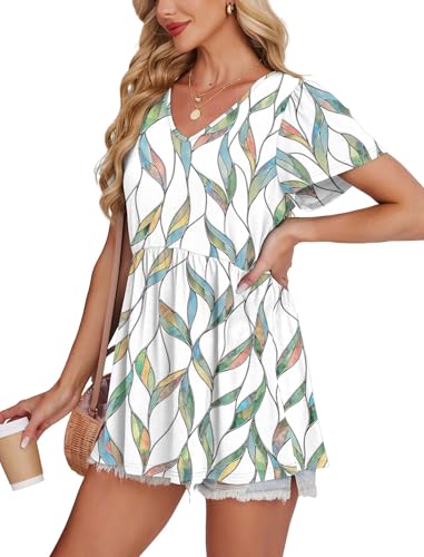 Image of OFEEFAN Womens Summer Tops Babydoll Short Sleeve Shirts Puff Sleeve Peplum Tops V Neck T Shirts