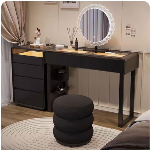 ZTGL Vanity de Maquillaje con Espejo LED y Taburete, Tocador con Cajones, Escritorio de Tocador Multifuncional, Mesa de Maquillaje de Dormitorio, Juego de Tocador,Black b,100cm