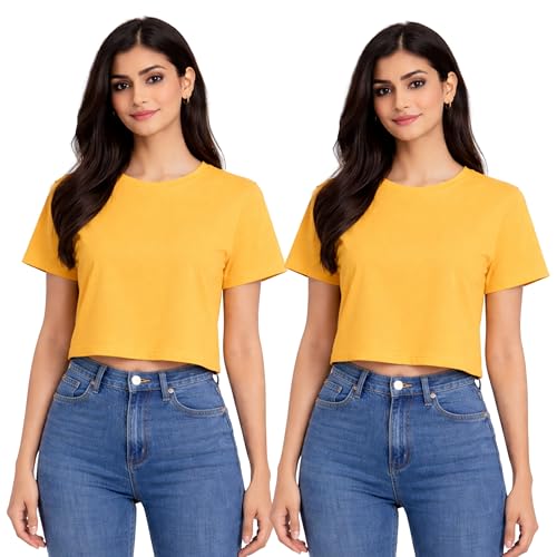 Image of Hangout Hub Women Crop Top T-Shirts | Round Neck Plain Solid Tshirts | Double Weaved | Shrink Free Tees | Casual T-Shirt for Woman Ladies Girls(Cotton|Pack of 3)