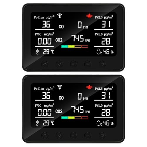 2 Packs Smart Air Quality Monitor Indoor, Air Quality Meter Detects Pollen, CO, PM2.5, PM1.0, CO2, TVOC, Humidity, Temp, Wildfire App for Configuration&Data...