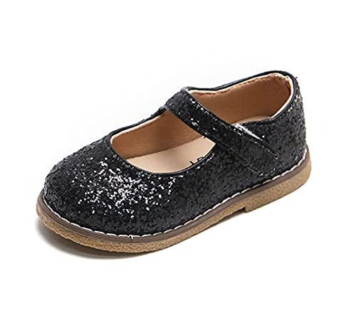 Little Girl's Glitter Mary Jane Ballet Flats Black School Uniform Dress Shoes Child Footwear for Toddler/Little Kid