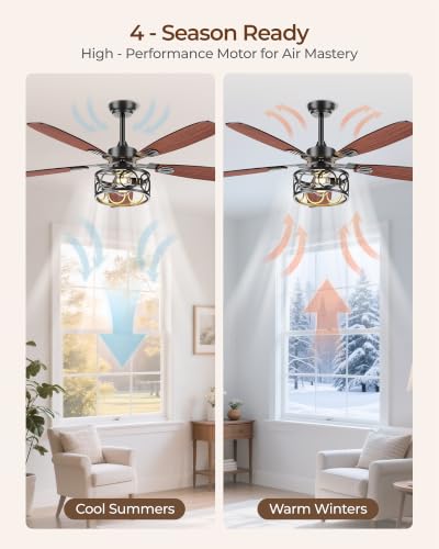 Image of Ceiling Fans with Lights and Remote, 52'' Vintage Caged Ceiling Fan with Light, 5 Blades, 6+1 Speed, Flush Mount Ceiling Fan Whisper-quiet for Farmhouse, Living Room, Kitchen and Porch (52 Inch)