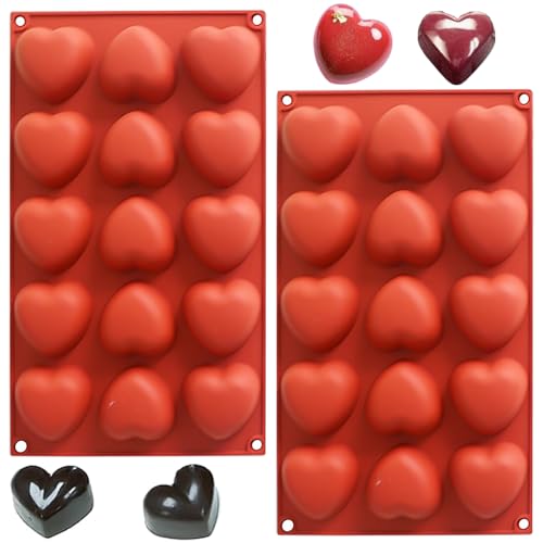 YXHZVON Juego de 2 Moldes de Silicona con Forma de Corazón para Chocolate, 15 Cavidades, Antiadherente, para Magdalenas, Pasteles, Pudín, Gelatina