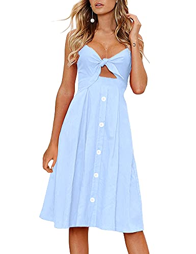 FANCYINN Women's Tie Front Dress Button Down Spaghetti Strap Cute Midi Dress A Line Swing Dress for Women Light Blue L