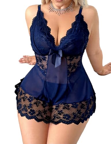 Image of Alrovetoney Women Plus Size Babydoll Lingerie Lace Chemise Mesh Sleepwear Strappy Sexy Nightgown Boudoir Outfit L-4XL