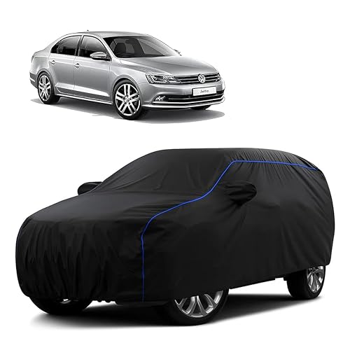Image of Sulfar 100% Water Resistant Car Body Cover Compatible with Mirror for Volkswagen Jetta (Triple Stitched, Full Bottom Elastic, Black Tafetta with Blue Piping)