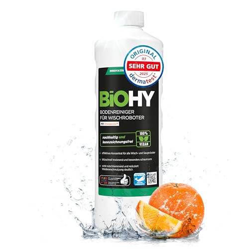 BiOHY Limpia suelos para robots de limpieza con aroma a naranja (1 botella de 1 litro) | Concentrado de limpieza para todos los robots de limpieza | Sin espuma y sin rayas | Concentrado sostenible