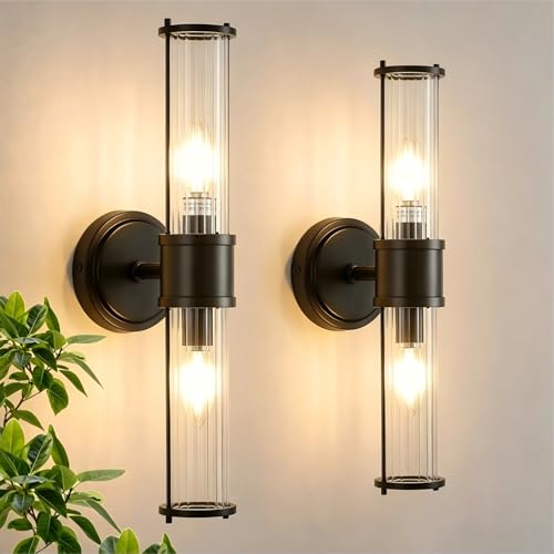 Image of Wall Sconces Set of Two, Black Bathroom Sconces Wall Lighting - Modern Vanity Light Vertical and Horizontal Wall Mount 2-Light Indoor Wall Light for Hallway Living Room(E12 Bulbs Excluded)