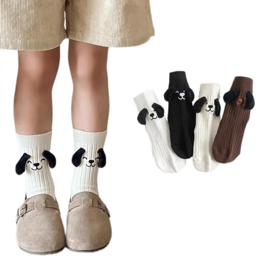 4 Pairs Kids Cute Dog Ear Crew Cotton Socks for Spring/Autumn, Girls' Boys' Toddler Mid-Calf Socks (1 pair of each,9-12 Years,US,Age,9 Years,12 Years)