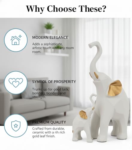 Image of Decorative Elephant Figurines, Resin, 20 cm Height, Set of 2, Standing Statues Geometric Showpiece for Home Decor | Housewarming Gift (White Elephant)