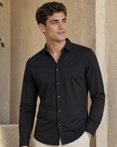 Image of Nobero Everyday Comfort Shirt for Men | Cotton Shirts for Men in 205 GSM Plated Interlock | Stand Collar | Regular Fit | Full Sleeve