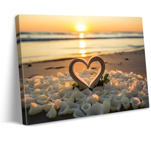 vandlife Romantic Canvas Wall Art Heart Shaped Love Letter On Beach In Sunrise Picture Print Heartfelt Affection Paradise Of Love Themed Decor For Home Living Room Bedroom 24x16in