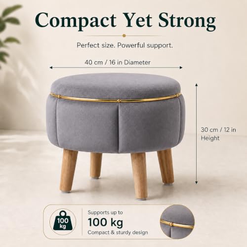 Image of Velvet Upholstered Round Ottoman Footstool | Anti-Slip Feet | Multipurpose Footrest, Step Stool & Vanity Seating & Decor | 40 x 30 cm (16 x 12 Inch) | Grey