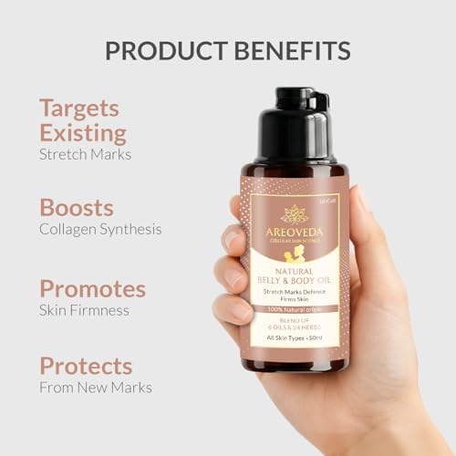 Image of AreoVeda Natural Belly & Body Oil | Suitable for Stretch marks | Boosts Elasticity & Skin Firmness | With Almond Oil, Shatavari & Coffee | Relieves Stress | Pregnancy & Breastfeeding Safe| 50ml