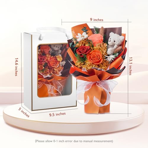 Polylove Forever Flowers Bouquet 3-Piece Preserved Roses with Bear Gift Box for Wife Mother Valentines Day Mothers Day Anniversary Birthday (Orange)