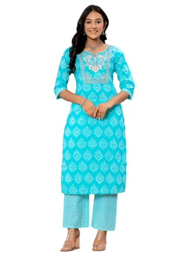 Image of Amayra Women's Cotton Embroidered Straight Kurta with Palazzo Pant and Dupatta Set