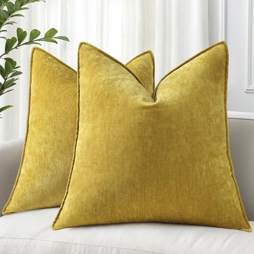 decorUhome Fall Couch Throw Pillow Covers 26x26 Set of 2, Decorative Soft Euro Neutral Chenille Pillow Covers with Elegant Design for Sofa Bed Living Room Home Decor, Mineral Yellow