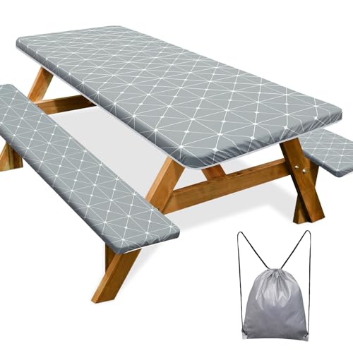 Image of Picnic Table Cover with Bench Covers 6FT 3 Pcs Waterproof Windproof Aesthetic Camping Tablecloth with Drawstring Bag, Fitted for 6 Foot Rectangle Tables and Seats, 72 inch, Grey