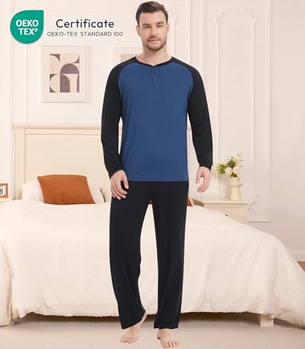 Image of NACHILA Mens Pajamas Set Viscose Made from Bamboo Henley Top Sleep Pants | Henley Top,Soft pants,Tagless Comfort,Moisture Wicking,Ultra silky, All season Loungewear Set, Jogger Sweatpant,Match set