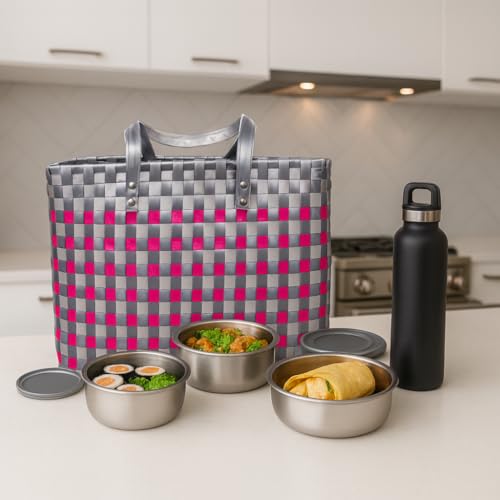 Image of Hand Made Multipurpose Plastic Basket with Lid | Eco-Friendly, Washable, Rust-Free Storage Basket for Kitchen, Picnic, Toys, Travel, Office | Lightweight basket (Pink with Grey, M)